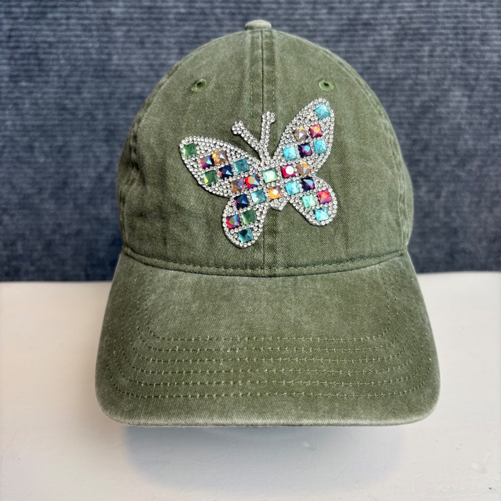 Y2K Otto Women Green Butterfly Rhinestone Baseball Cap Hat Washed Cotton